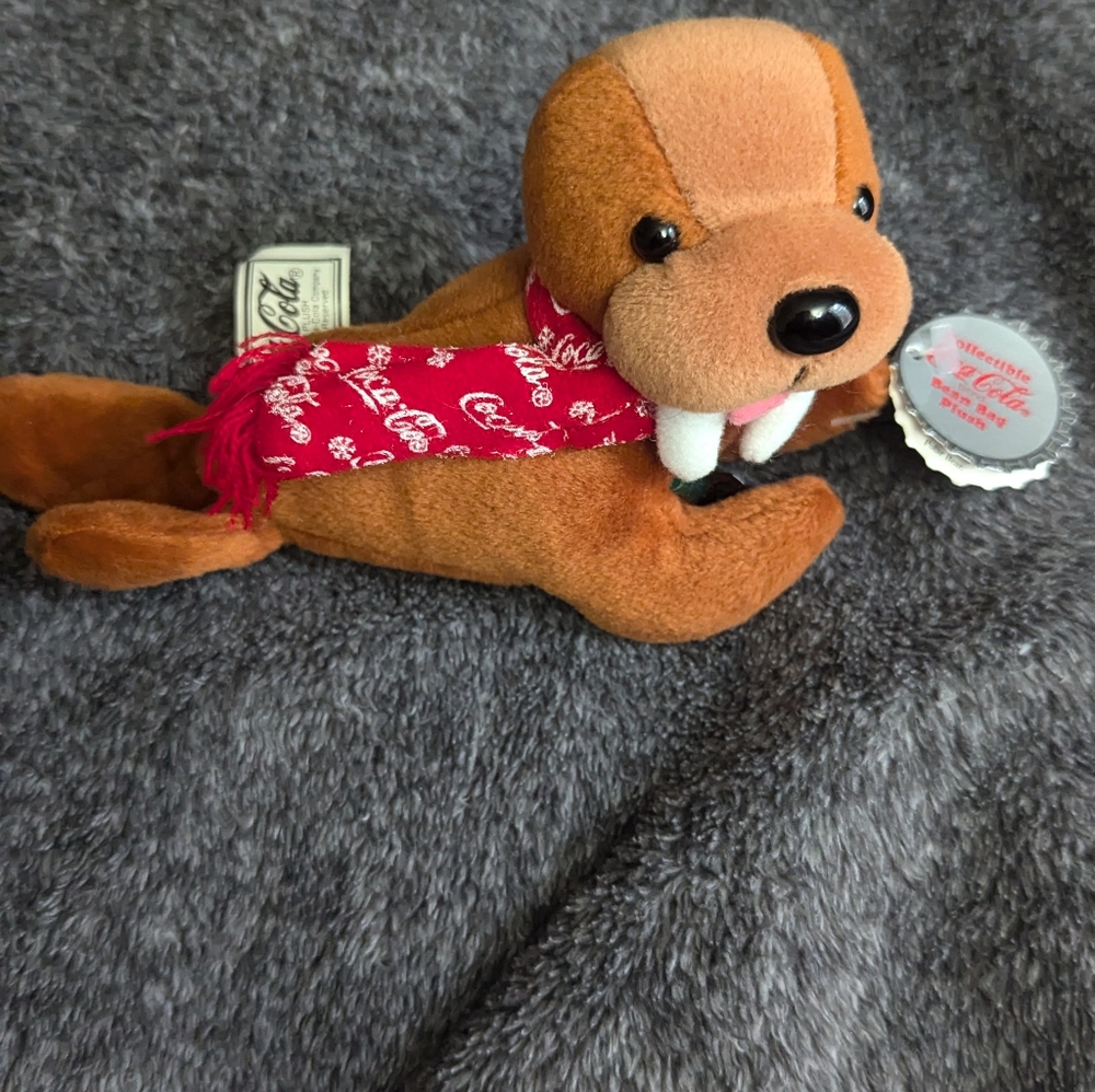 Coca Cola Brown Bean Bag  Plush Walrus  holding a Coca Cola